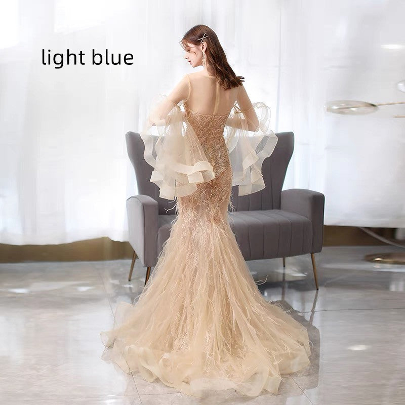 Golden Mermaid Evening Dress with Zipper, Mid Waist, 3/4 Sleeves, XXL Available