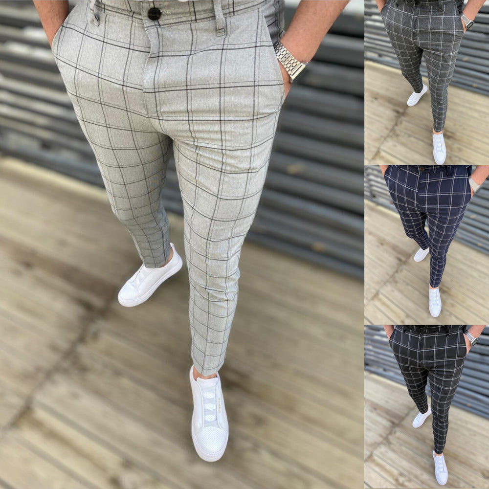 Men's Mid Waist Plaid Casual Tapered Trousers
