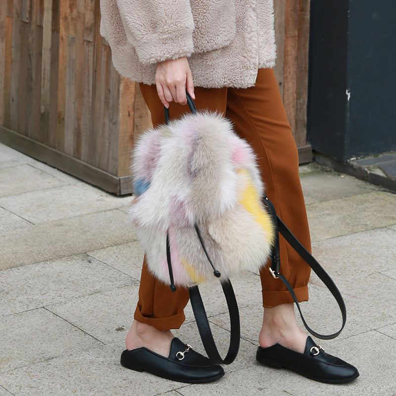 Petit sac à dos décontracté tendance en vraie fourrure de renard pour femmes
