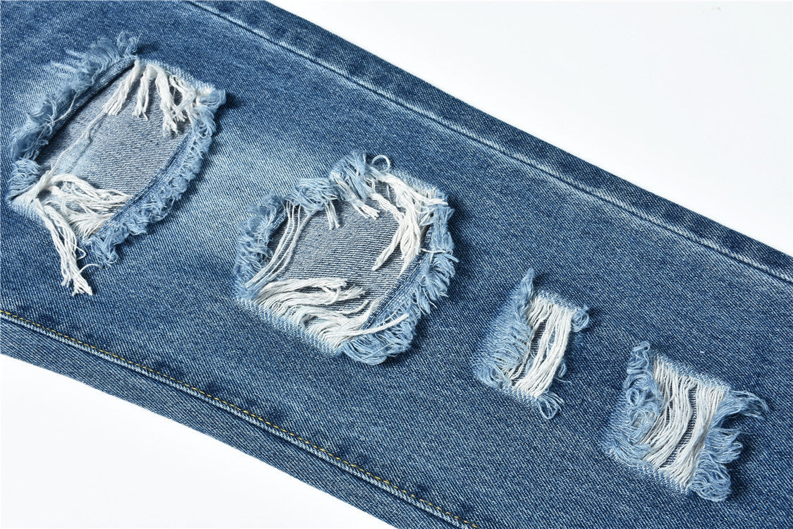 Jean denim bleu déchiré pour femme, taille mi-haute, pantalon crayon usé
