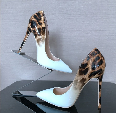Leopard Color Matching Pointed Toe Shallow Mouth High Heels 12CM PU