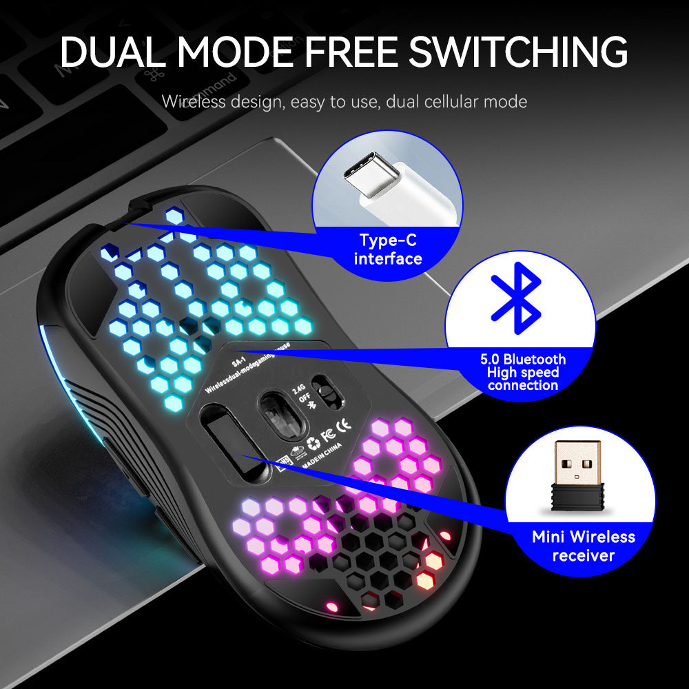 Dual Mode RGB Wireless Bluetooth Honeycomb Shell Gaming Mouse Black