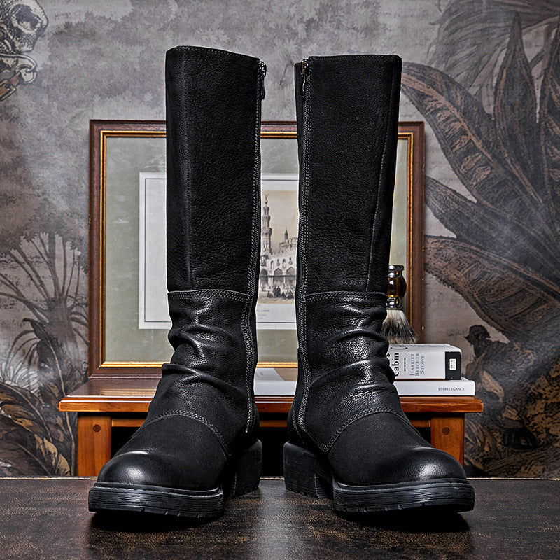 Bottes montantes zippées à plateforme en cuir de vachette noir pour homme