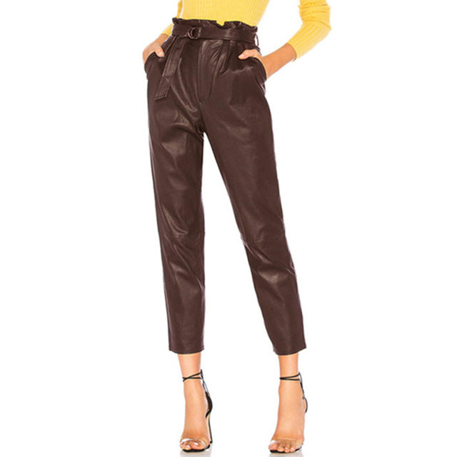 Pantalon Crayon Taille Haute en Faux Cuir Femme - Noir, Kaki, XXS-XL