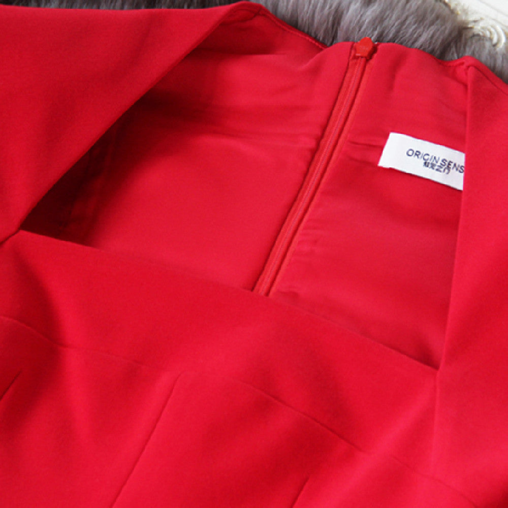 Robe trapèze rouge à manches longues en polyester pour femme