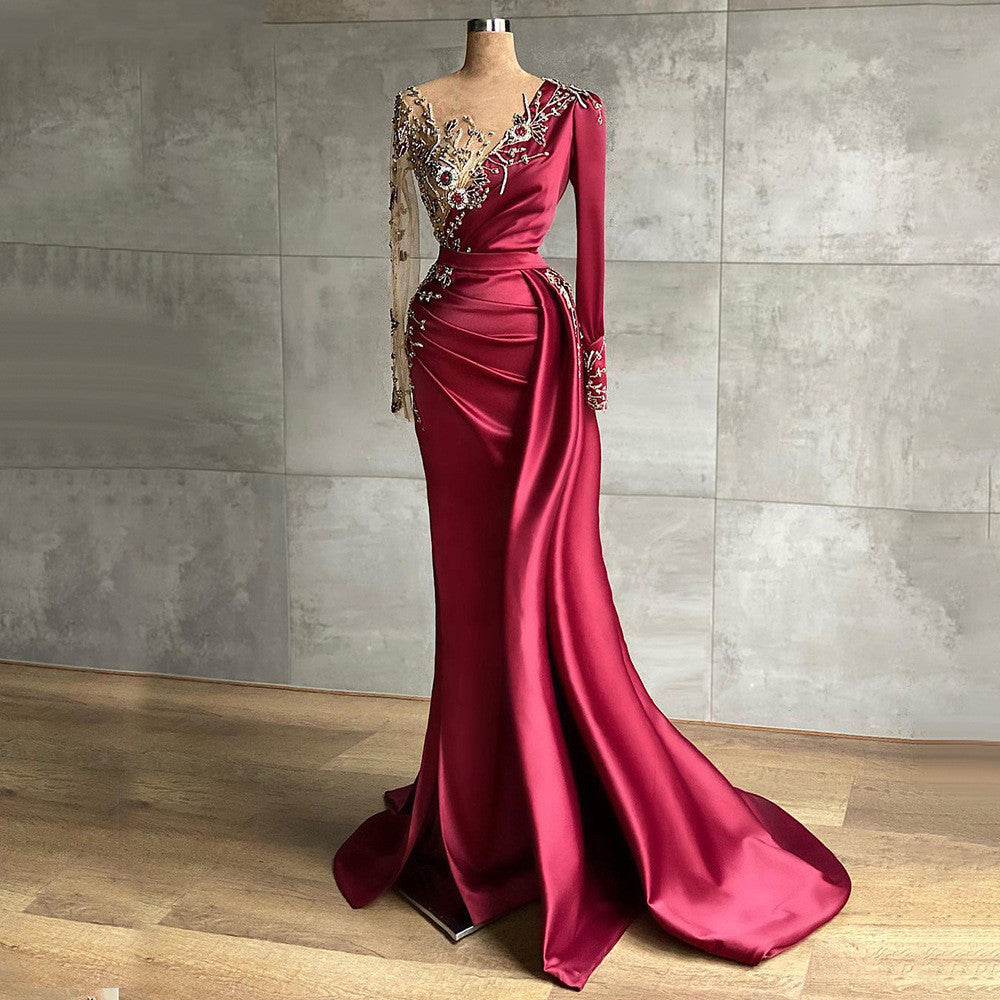 Robe Col Rond Satinée Slim Fit Rouge Lie de Vin