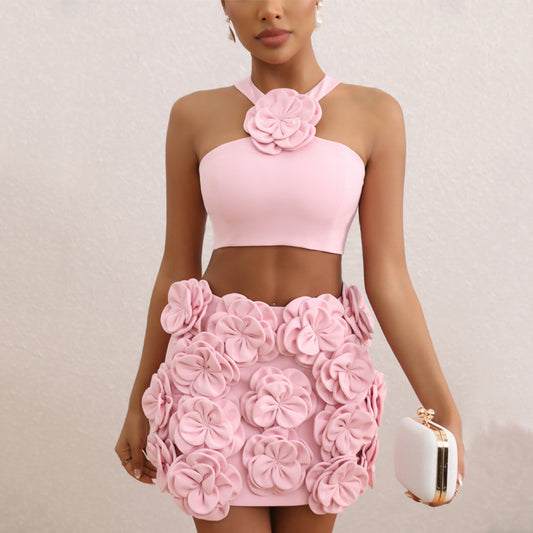 Fashion Suit Top Halter Decorative Flower Skirt