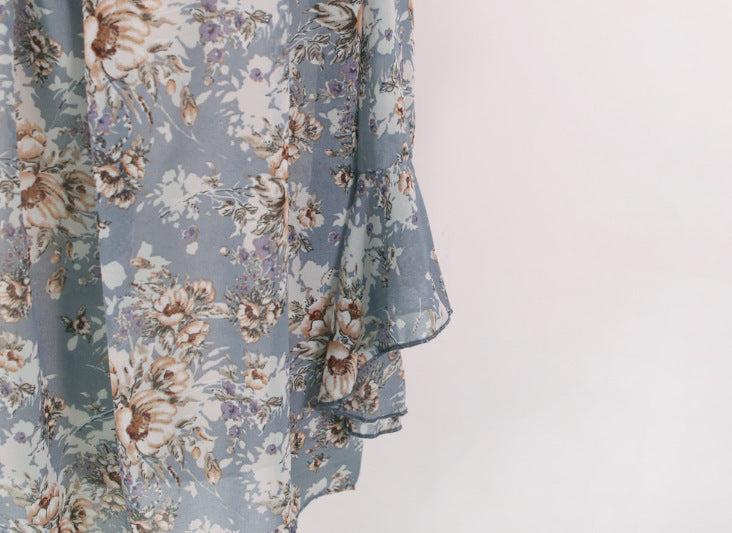 Women's One-Shoulder Western Style Chiffon Top Slim Fit V-Neck Blue Beige S-XL