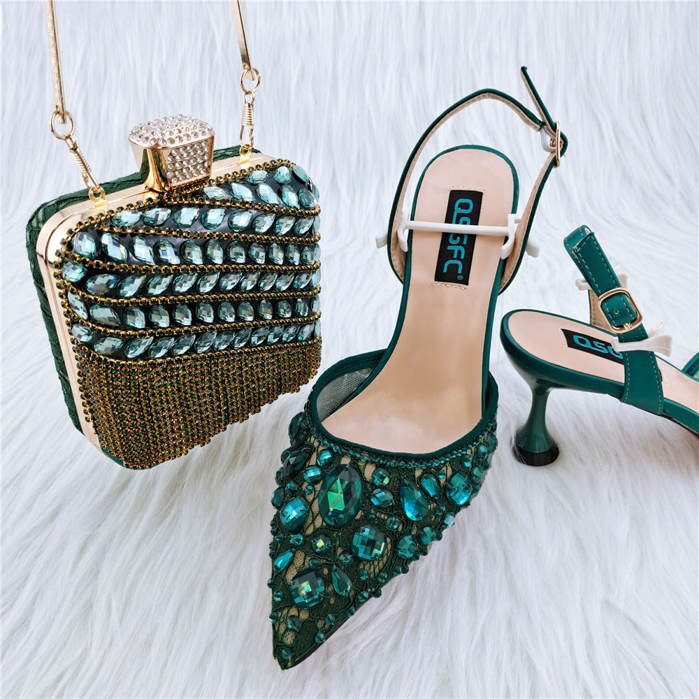 Ladies' High Heel Party Sandals with Diamond Bag Set