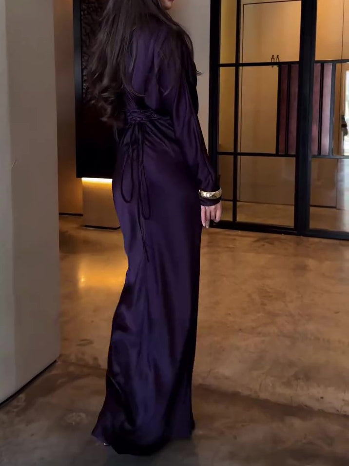 Plum Satin Maxi Dress with Wrap Front and Ruched Detail