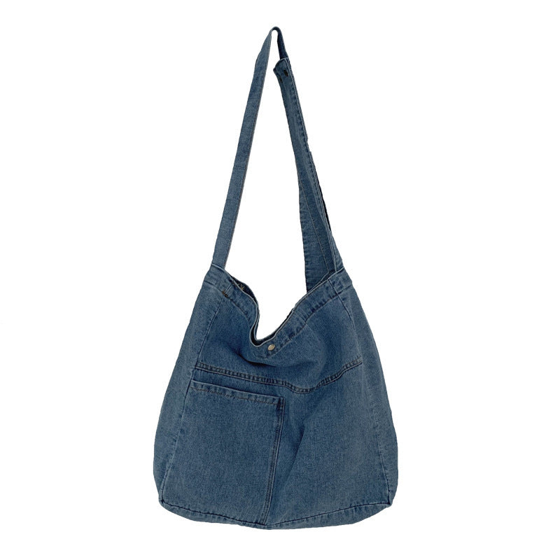 Washed Denim Large-Capacity Crossbody Bag in Dark Blue, Black, Light Blue