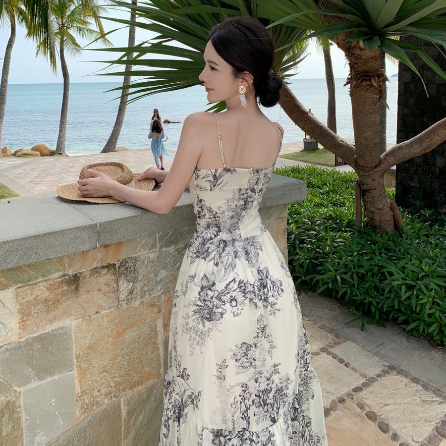Artistic Retro Design Ink Painting Cinched Slimming Long Dress Sleeveless PVC S-XL
