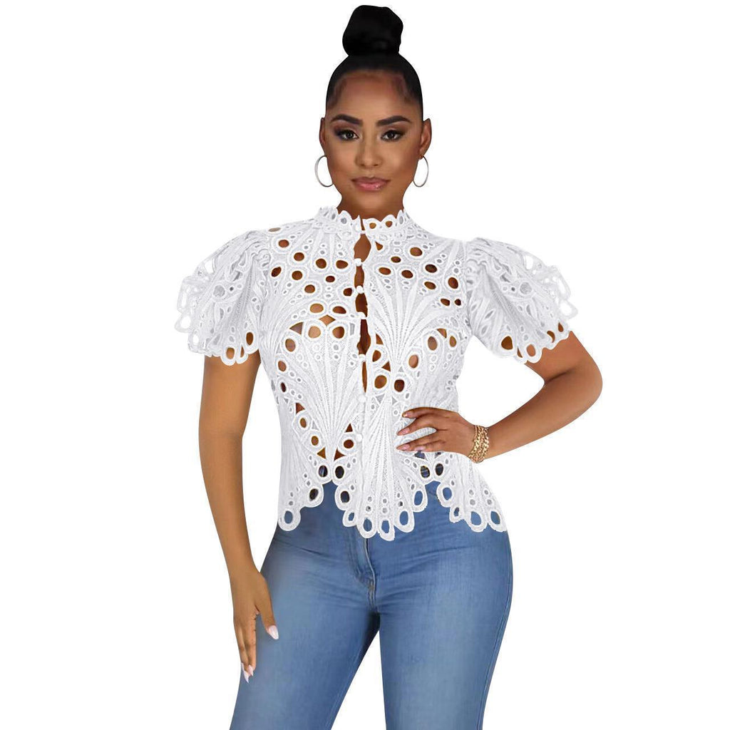Sexy Cutout See-Through Lace Puff Sleeve Irregular Top for Women