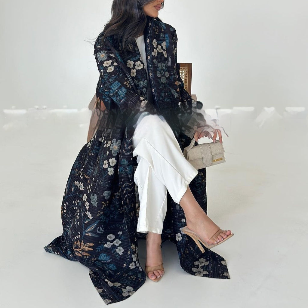 Pleated Trench Djellaba Printed Shawl Cardigan Ethnic Cloak Coat for Middle East Women