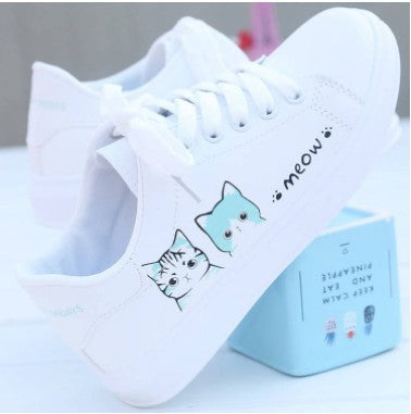 Women's White Leather Flat Shoes Small Size Cat Design