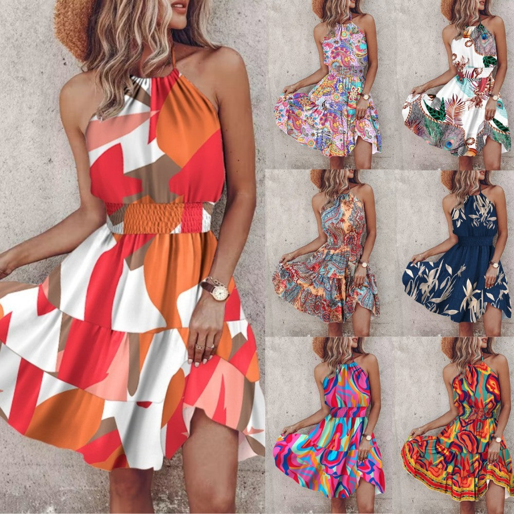 Summer European & American Printed Halter Women's Dress