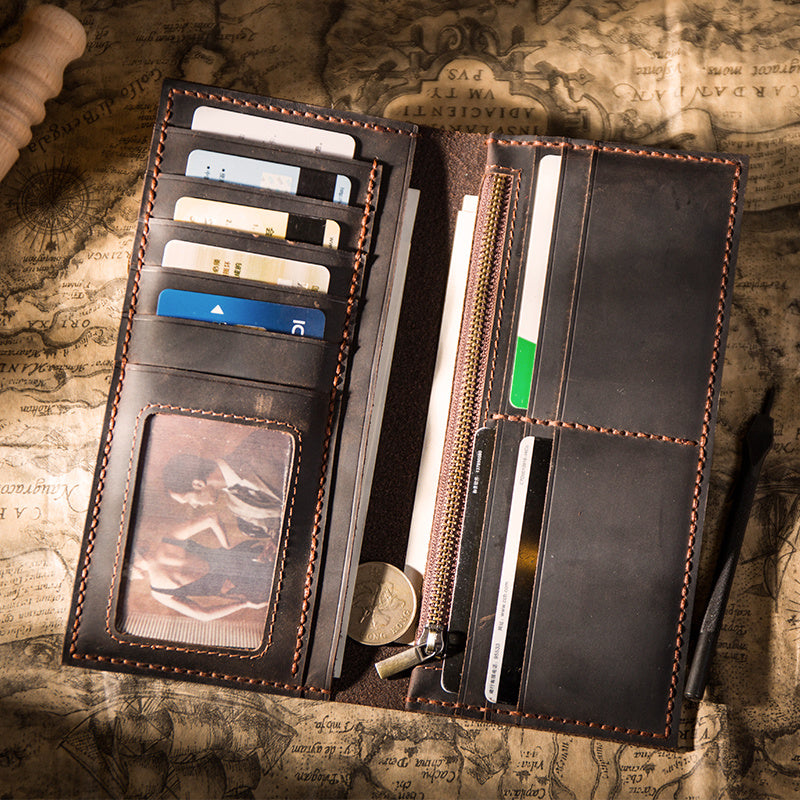 Men's Handmade Cow Leather DIY Long Wallet Solid Color