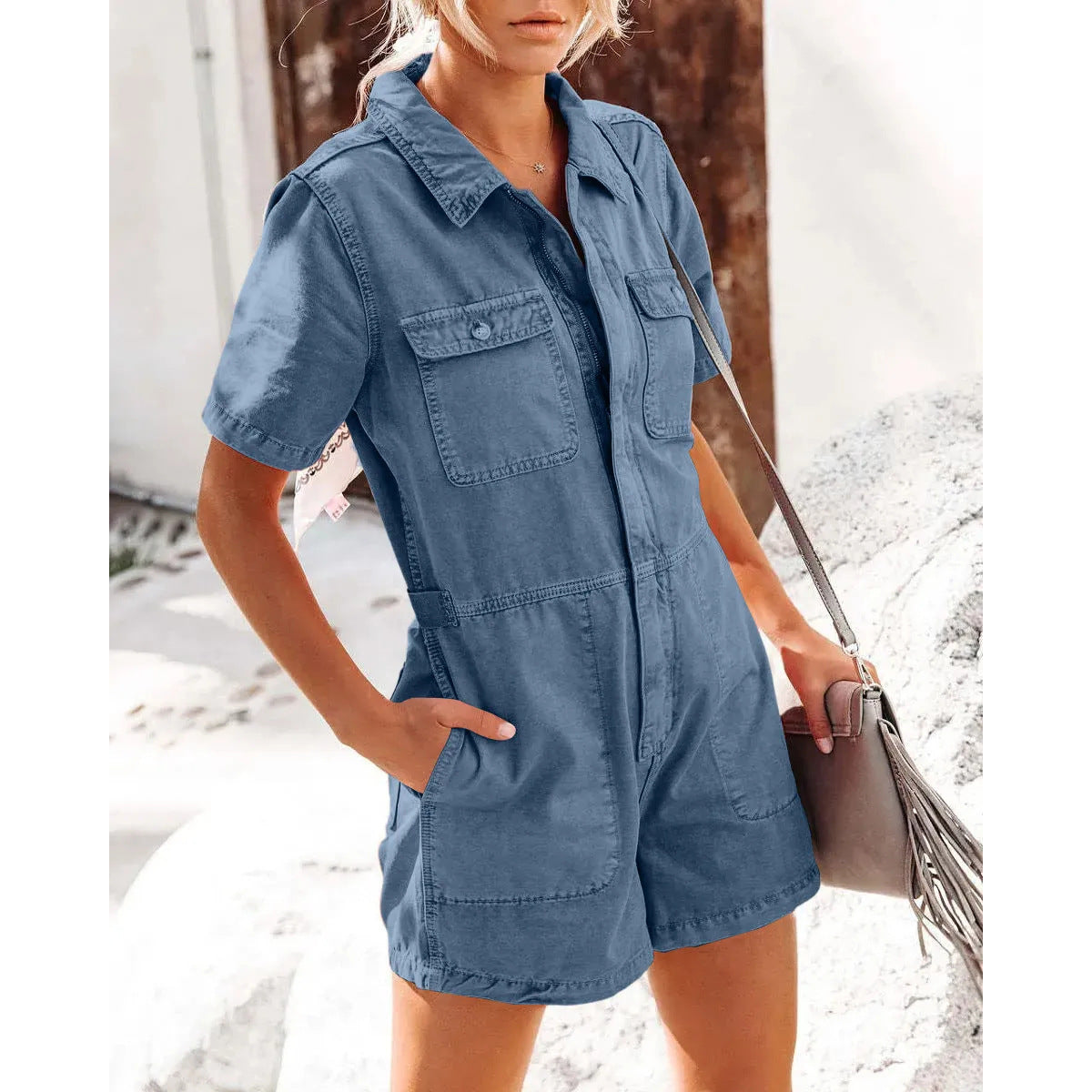 Fashion Casual Loose Denim Workwear Short Sleeve Jumpsuit