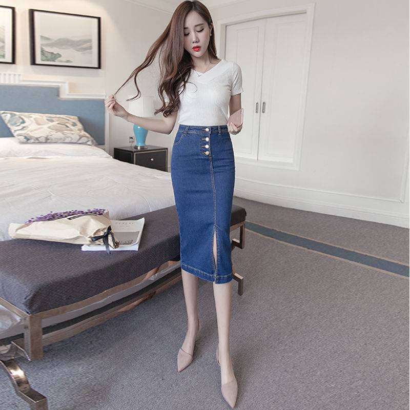 High Waist Light Blue Denim One-Button Hip Skirt