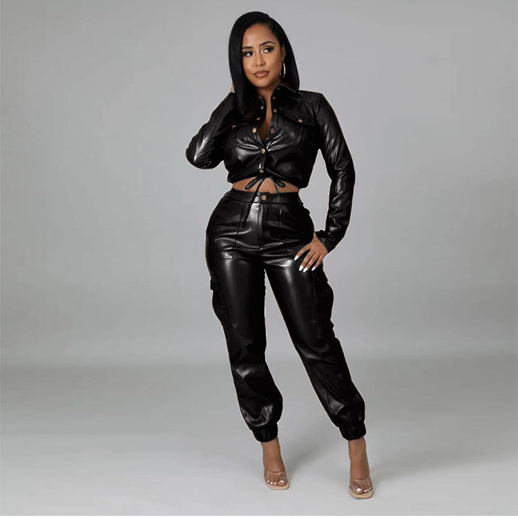 Slim PU Leather Fleece Trousers Overall Suit for Women