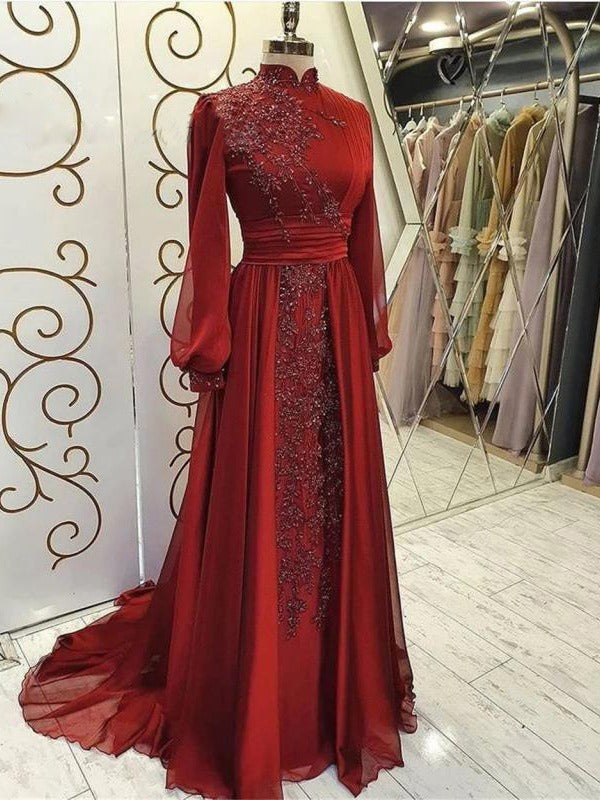 Robe de Soirée de Luxe à Manches Longues en Dentelle et Col Montant