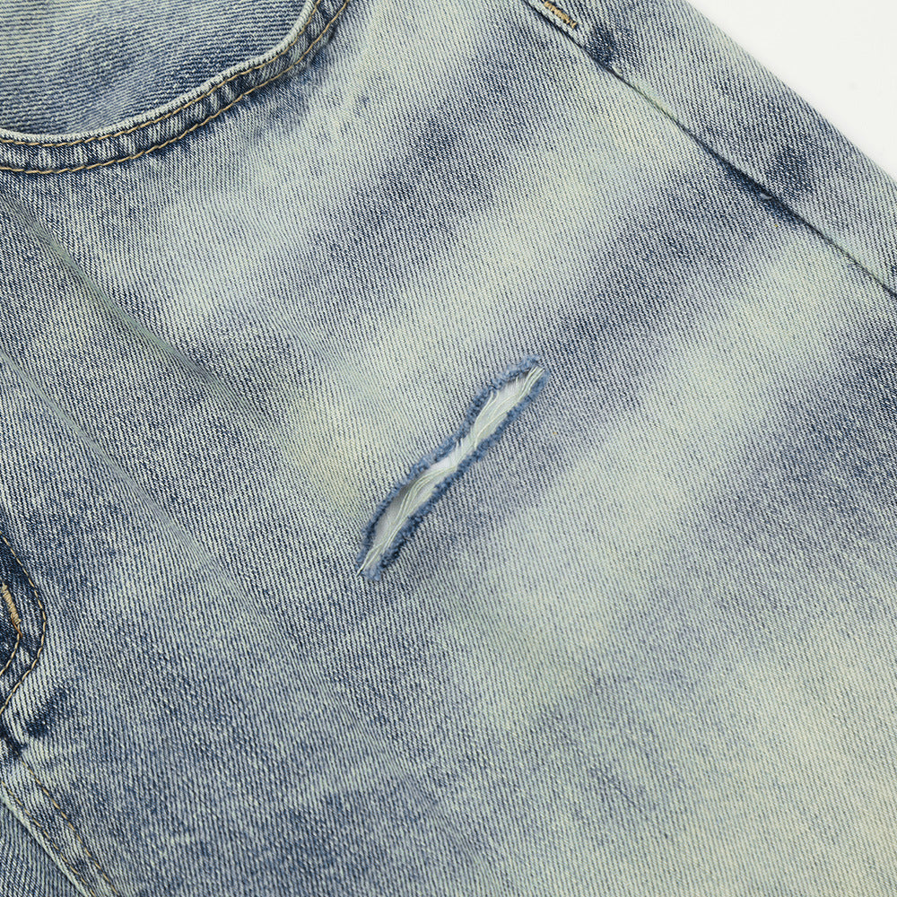 Men's Mid Waist Blue Washed Denim Trousers Ripped Jeans