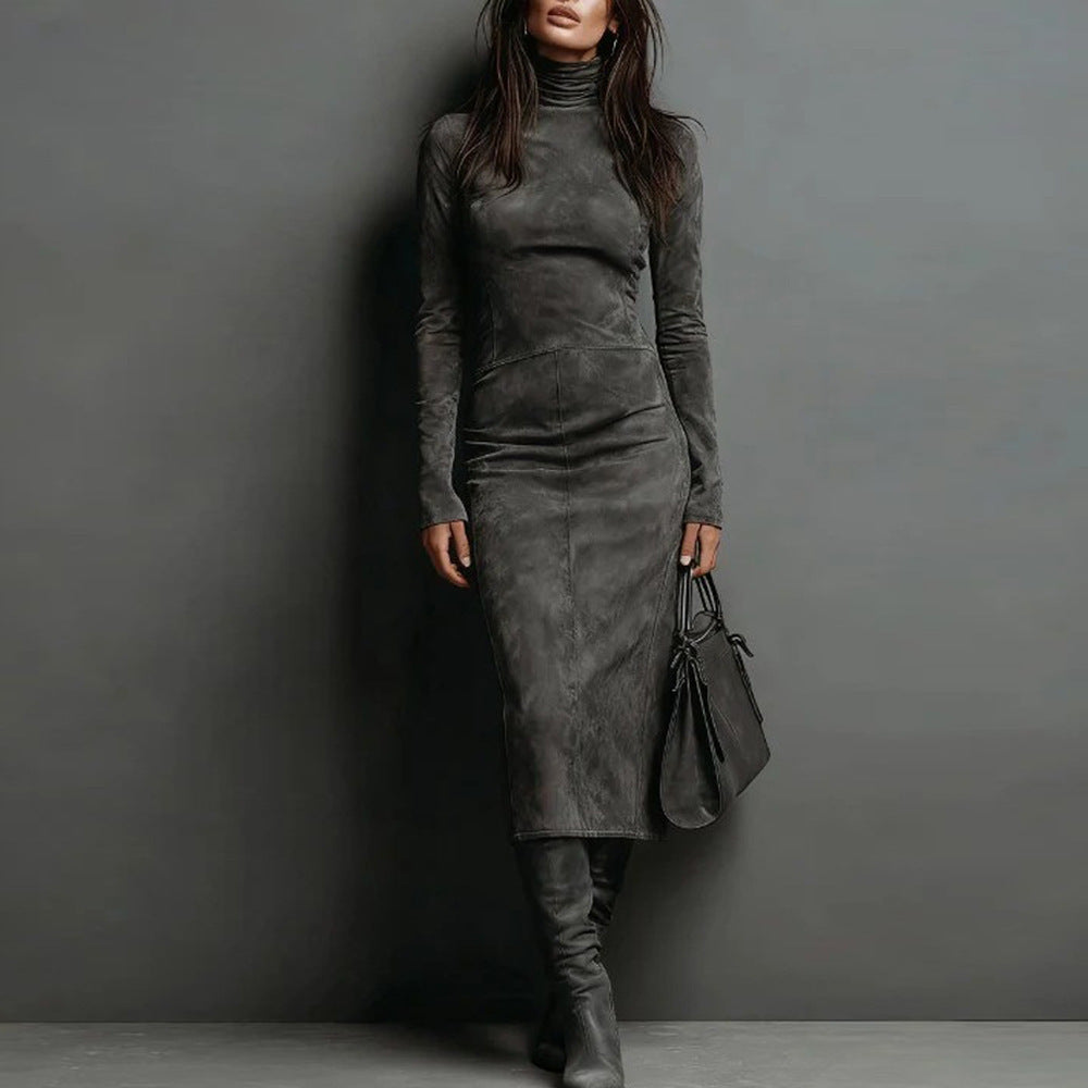 Robe crayon moulante mi-longue à col roulé et manches longues pour femme