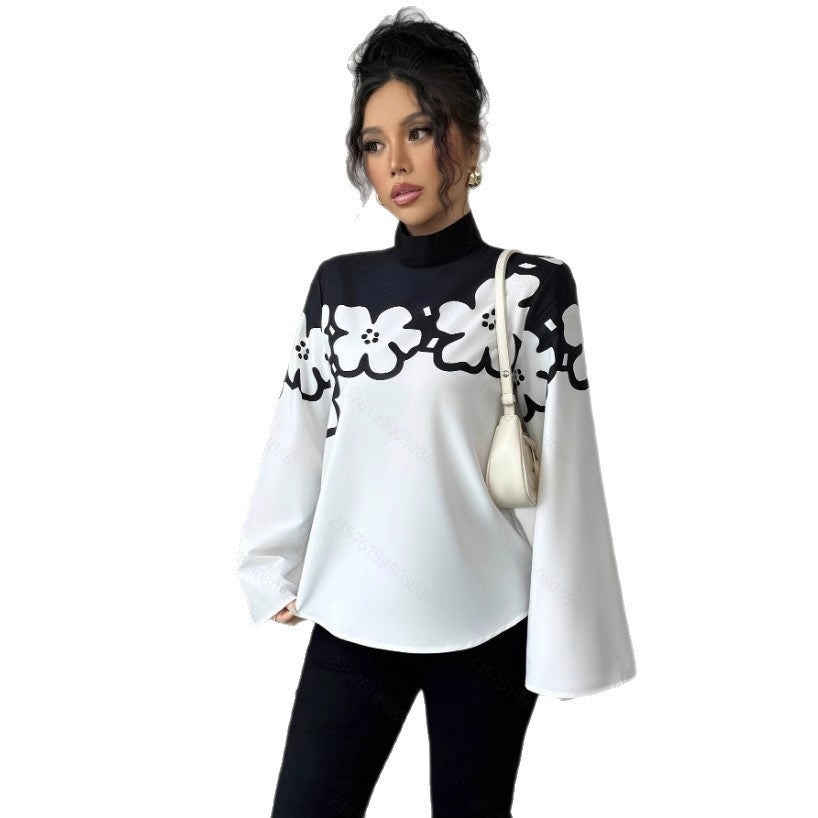 Women's Elegant Commuter Loose Floral Print Long Sleeve Stand Collar Shirt
