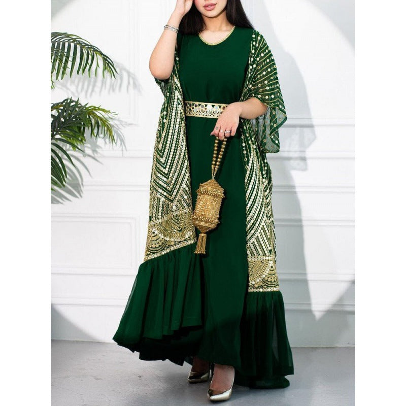 Printed Tape Belt Two-piece Abaya for Arabian Women