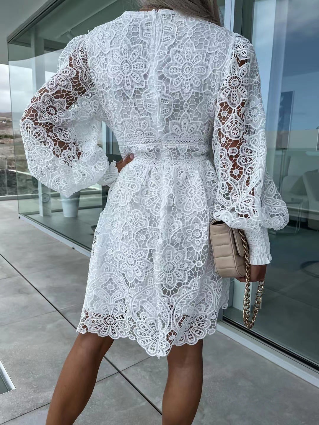 Sexy Hollow Lace Embroidered V-Neck Medium Dress for Commute