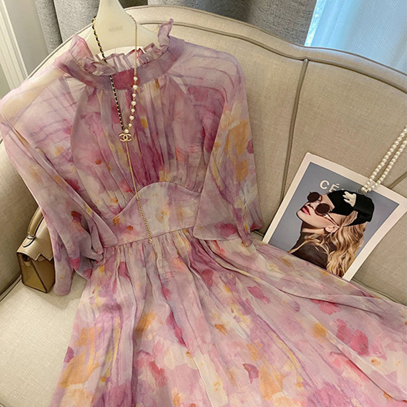 Tea Break Pink Floral Chiffon A-Line Dress