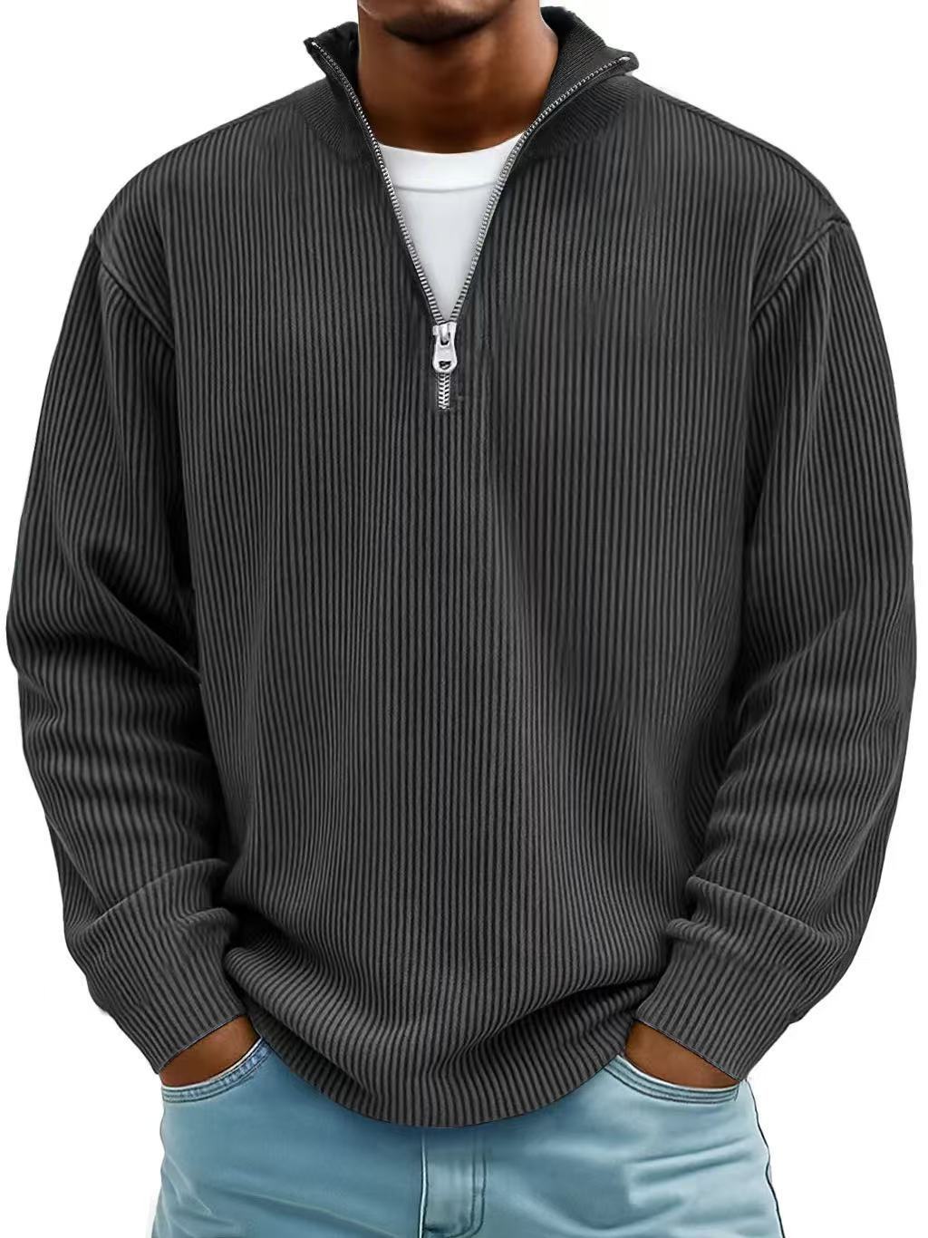 Casual Ribbed Stand Collar Corduroy Zipper Long Sleeve Pullover