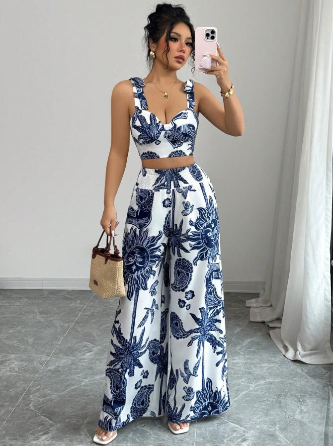Sexy V-Neck Strap Vest with Loose Wide Leg Pants Set