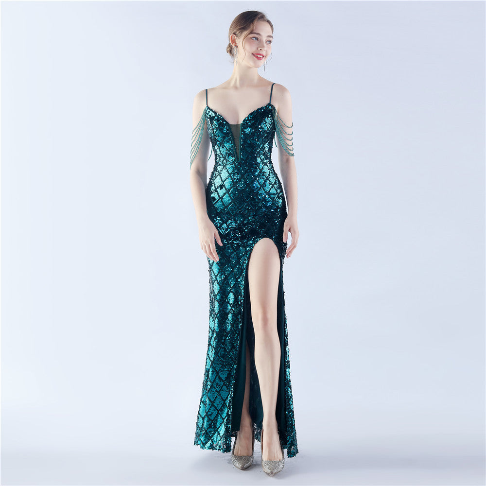 A Classy Trendy Fishbone Waist-tight Ratchet Tie Down Magic Color Sequin Craft Beaded High-end Evening Dress