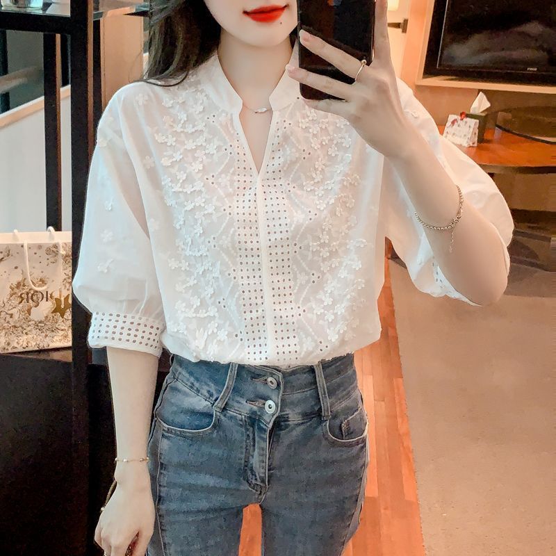 Hollow Out Embroidered Stand Collar Cotton Shirt with Lantern Sleeves