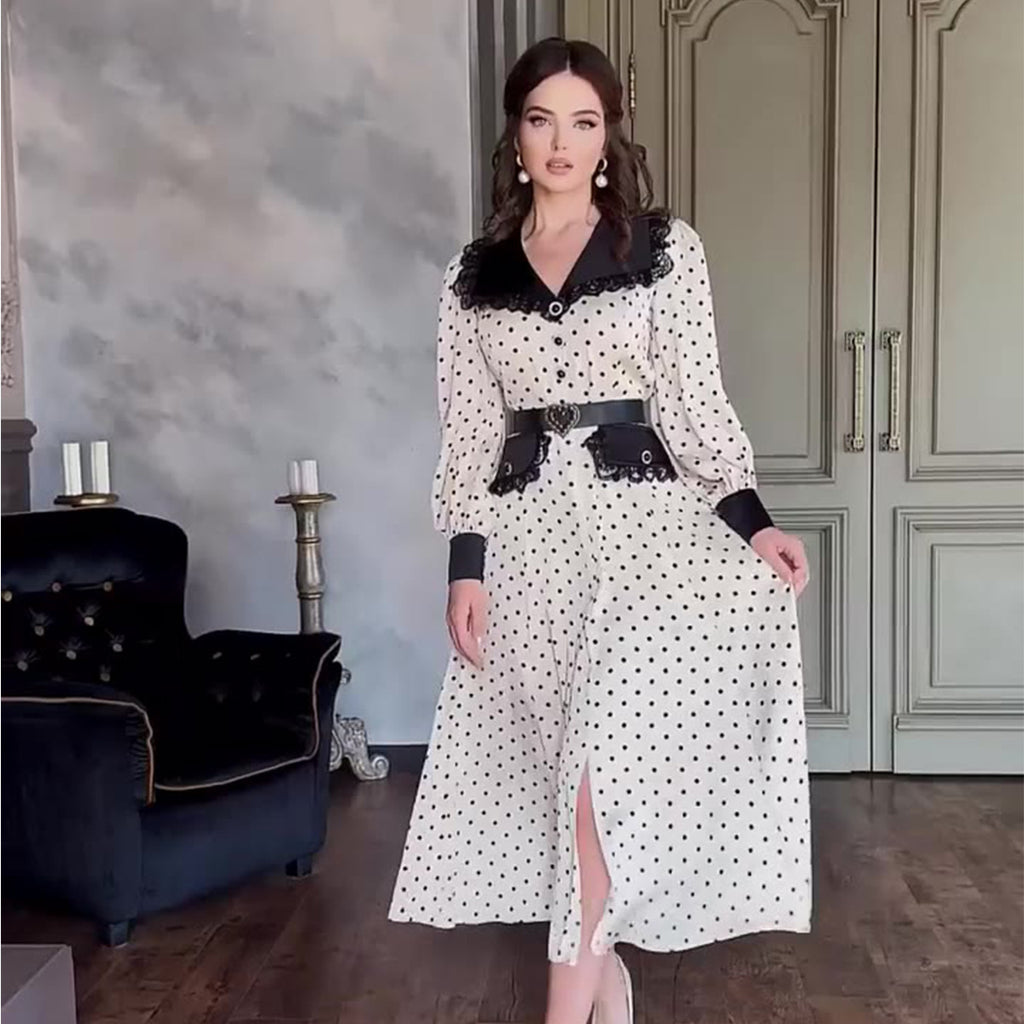 Polka Dot Lace Doll Collar Long Dress with Lantern Sleeves