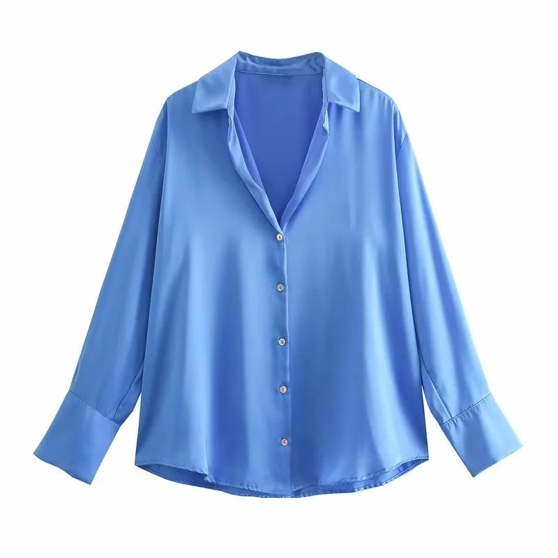 All-match Silk Satin Texture Draping Long-sleeved Shirt For Women