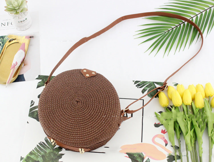 Retro Round Woven Straw Bucket Bag Medium Messenger Handbag