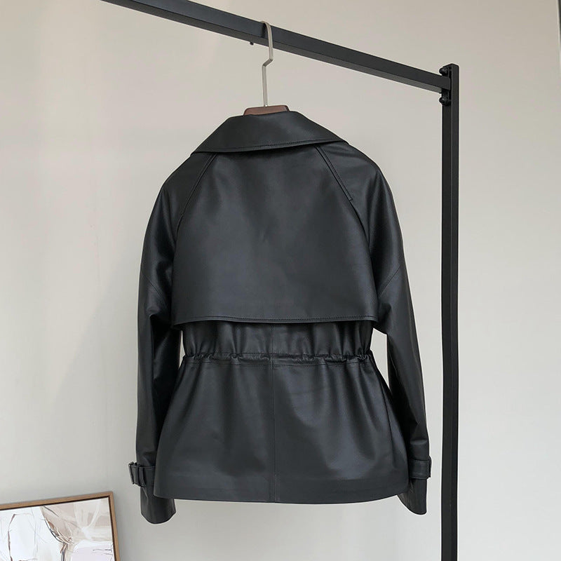 Sheepskin Suit Collar Motorcycle Leather Jacket Waist-Length