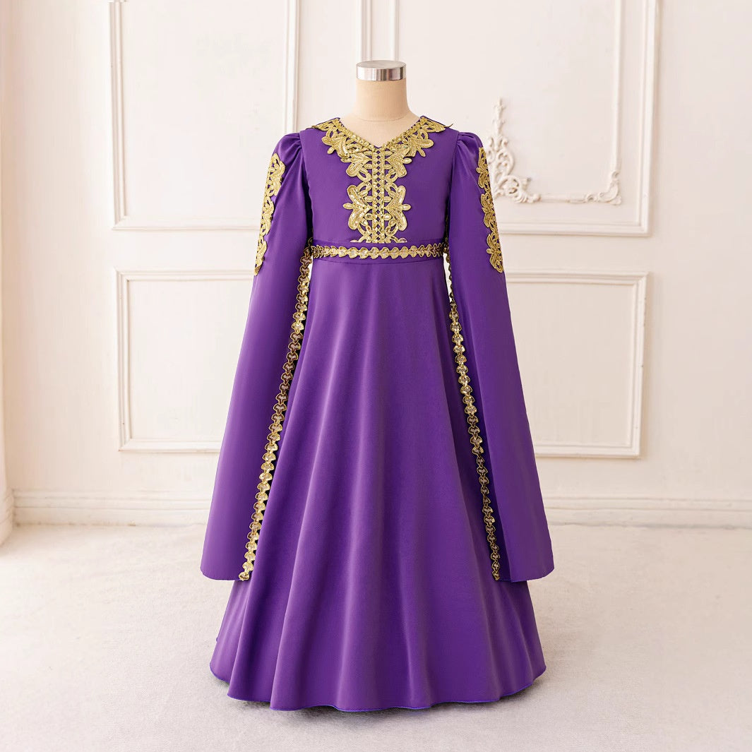 Robe longue bouffante violette en mousseline de soie à manches longues pour fille, ornée de rubans, style princesse du Moyen-Orient