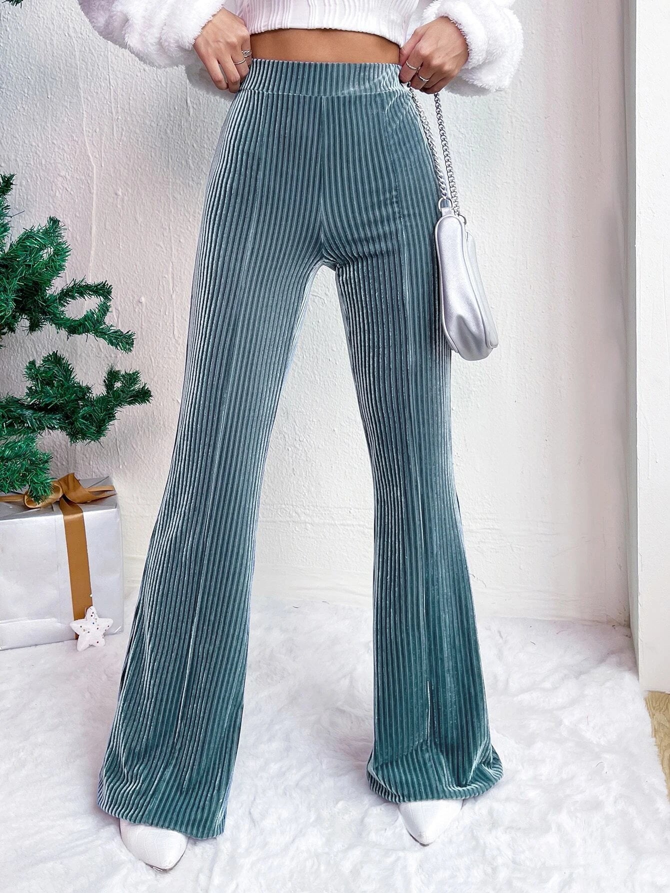 High Waist Corduroy Bell-Bottom Pants for Women Wide Leg