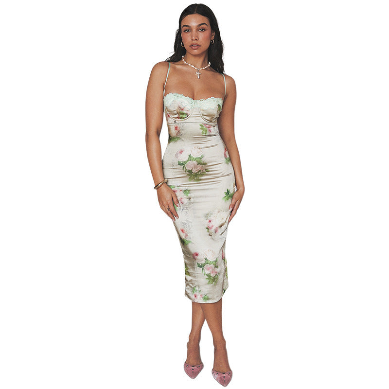 Summer Women's Green Lace Stitching Slim Dress with Floral Print