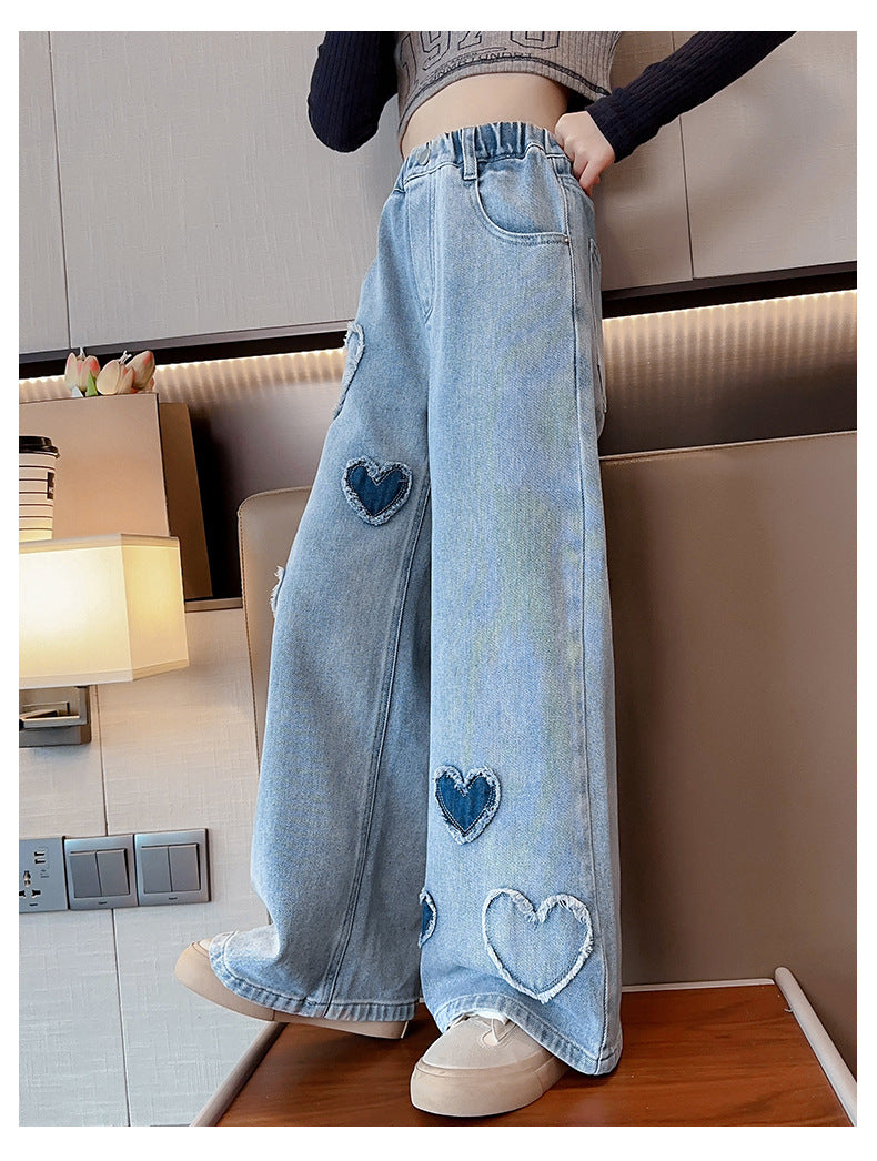 Girls' Blue Raw Edge Denim Wide-Leg Pants