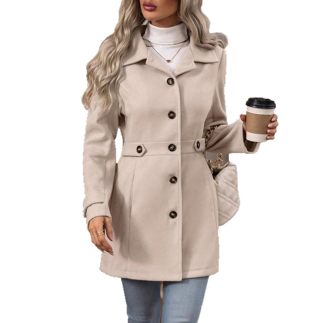 Elegant Single-Breasted Woolen Mid-Length Coat for Women with Buttons and Lapel