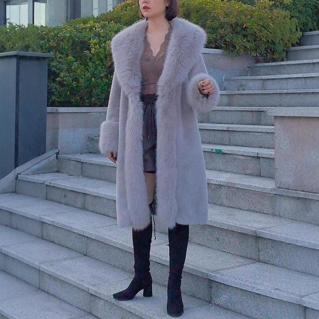 Women's Thick Faux Rabbit Fur Mid-Length Leather Coat