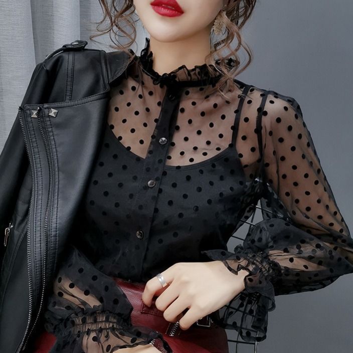 Women's Milk Tea Polka Dot Mesh Long Sleeve Shirt