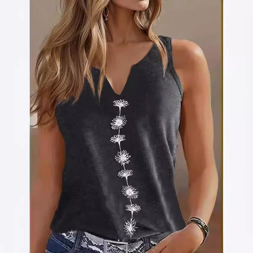 Casual Loose V-Neck Sleeveless S Print T-Shirt for Women
