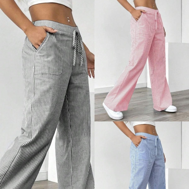 Striped Wide Leg Trousers with Pockets Casual Loose Pants for Women