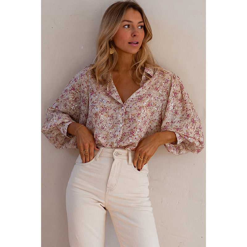 Fashion Women's Single Row Multi-Buckle Shirt with Floral Print