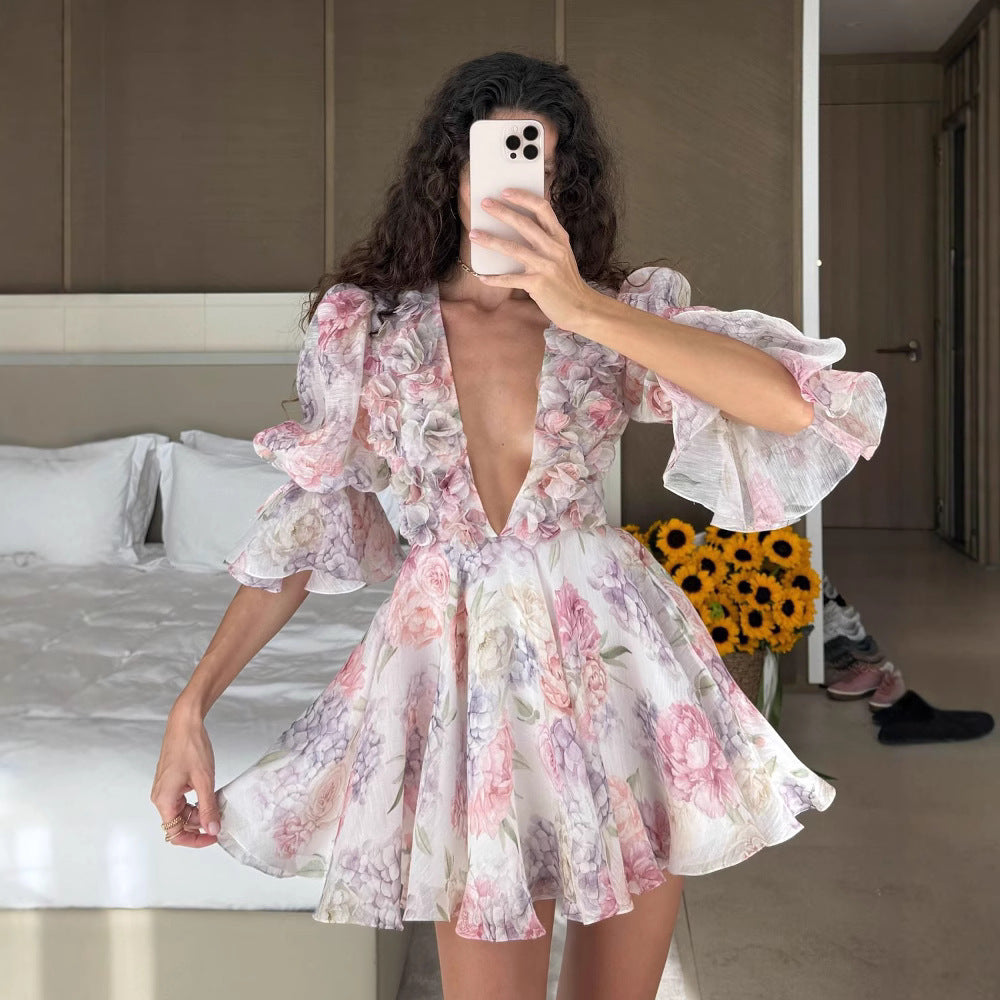 Summer Sexy V-Neck Puff Sleeve Floral Waist-Tight Dress